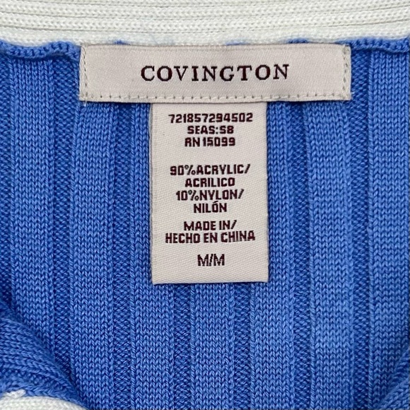 Covington Sky Blue White Ribbed Button Cardigan Sweater M Retro Statement Knit - Picture 2 of 10